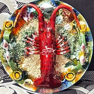 Rare ceramic plate Lobster with. Vintage antique palissy plate handmade faience